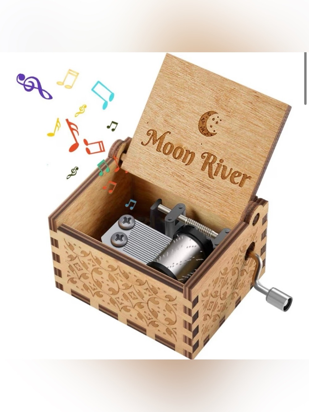 Moon River wooden music box wind up hand crank brand new engraved song